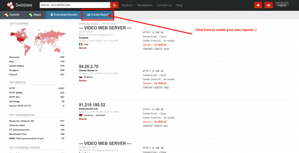 Create report at shodan