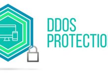 DDos Protection concept image with pentagon shield and lock illu