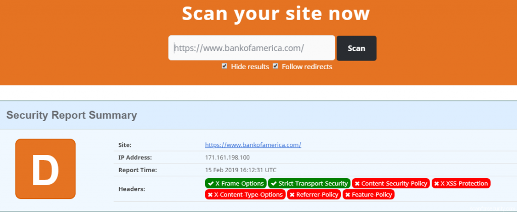 Bank of America security headers test