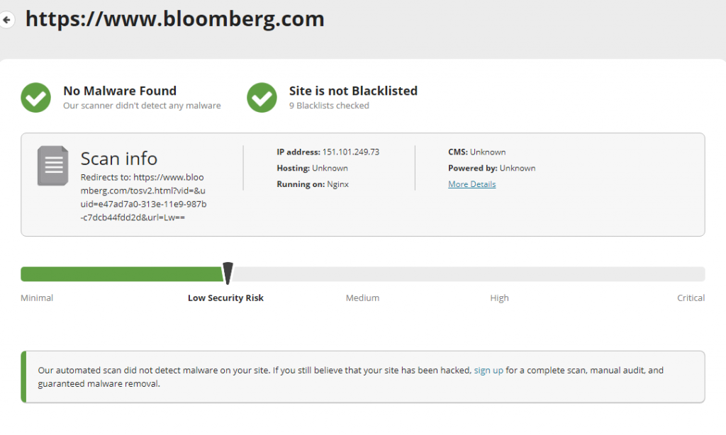 Bloomberg.com site check with sucuri online scanner